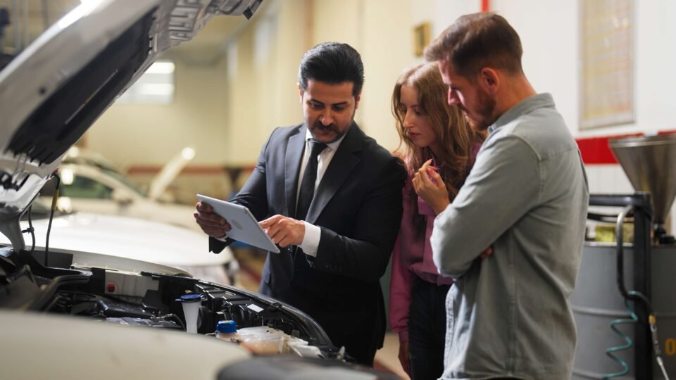 Three people gathered around a car's engine, chatting about auto insurance in Grand Junction, CO